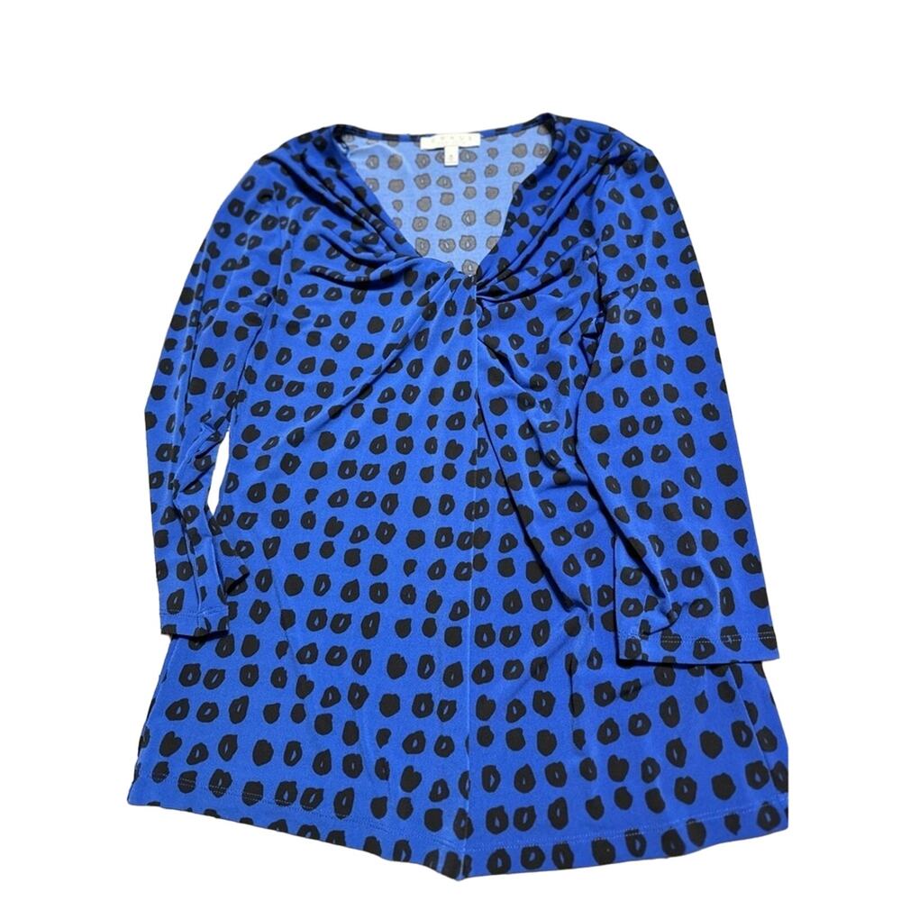 Chaus New York Women’s Medium 3/4 sleeve blouse blue and black polka dot